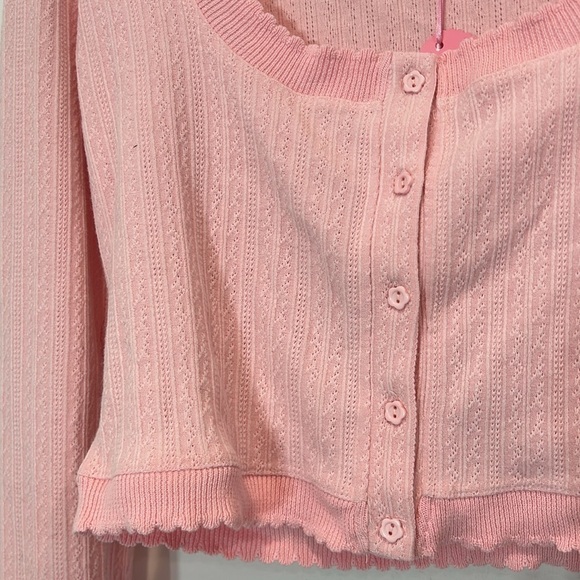 Sugar Thrills cardigan pastel pink knit cropped long sleeve front daisy button L - Picture 3 of 5